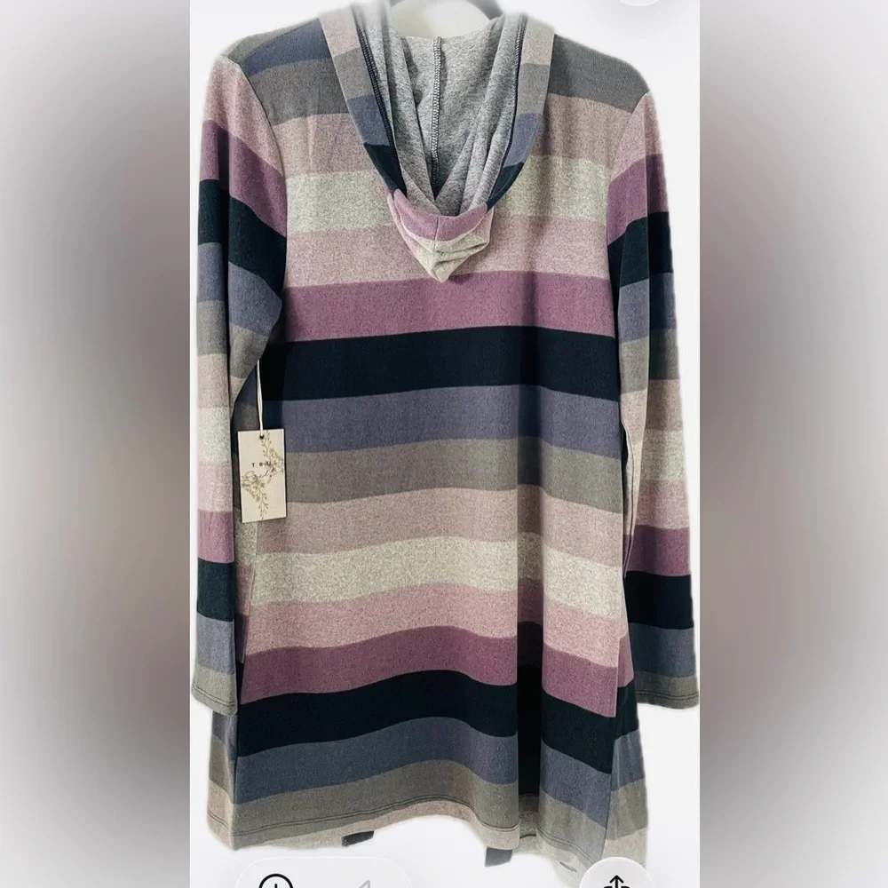 Cozy Striped Hooded Cardigan - Purple, Blue, Gray - Picture 3 of 7